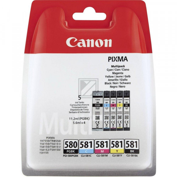 Canon Tintenpatrone gelb, cyan, magenta, schwarz, photo schwarz (2078C005, CLI-581BK, CLI-581C, CLI-581M, CLI-581Y, PGI-580PGBK)